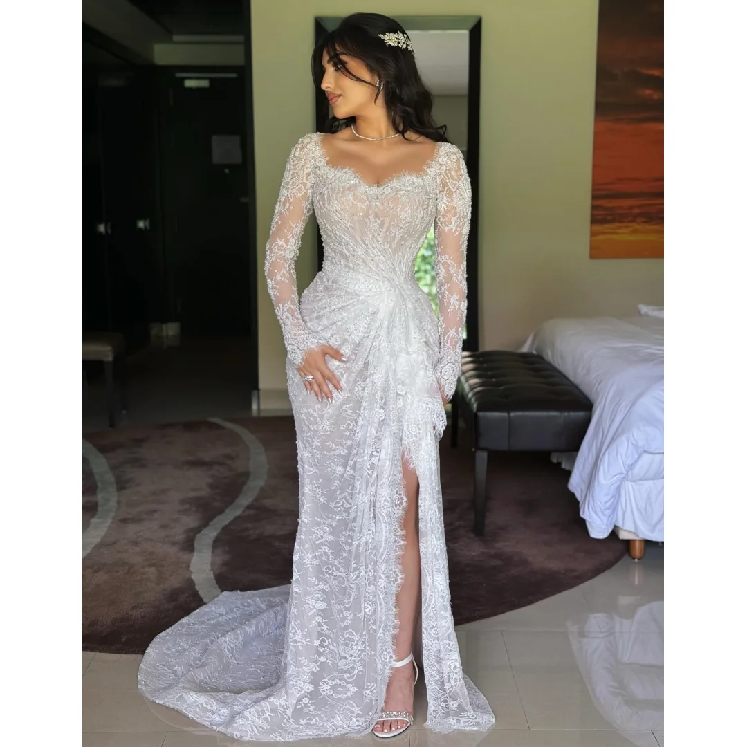 

Arabic Lace Pleated Wedding Dresses Exquisite Side Split Vestido de Novia Elegant Long Sleeves Eveing Dress Vestidos Customized
