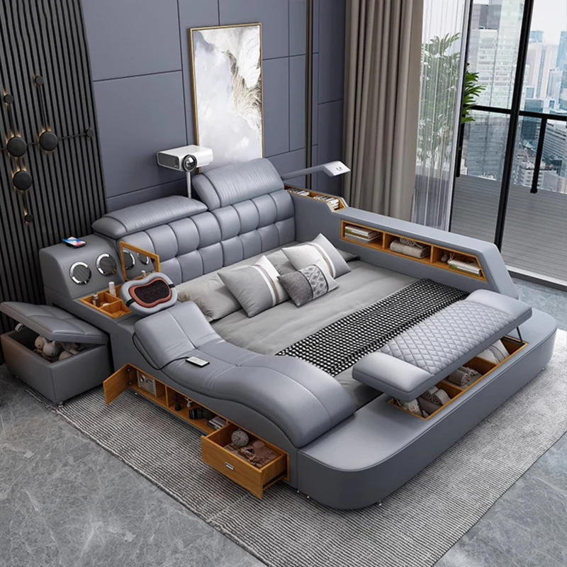 

Leather Massager Bed King Size Under Storage Smart Couch Bed Nightstands Tatami Somieres Y Marcos De Cama Bedroom Furniture