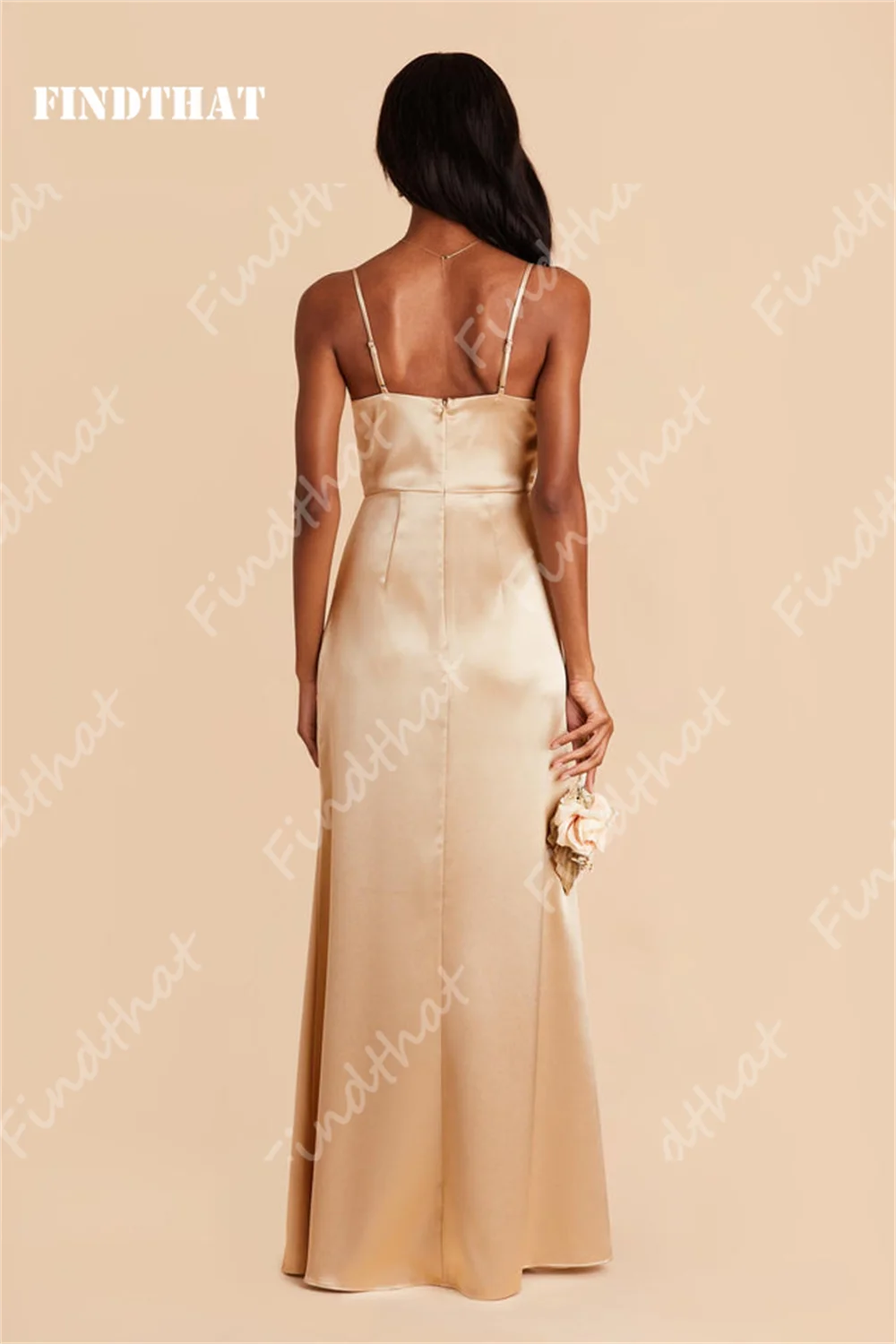 Findthat Bridesmaids Dress for Women Spaghetti-Straps Ruched Neck Satin Mermaid Side Slit Elegant Champagne Evening Party Gowns