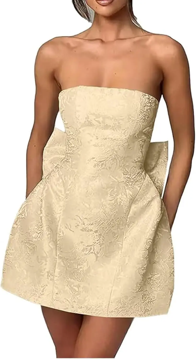 

A Line Strapless Satin Homecoming Dresses with Bow Short Embroidery Mini Prom Cocktail Party Dresses for Teens Cocktail Dresses