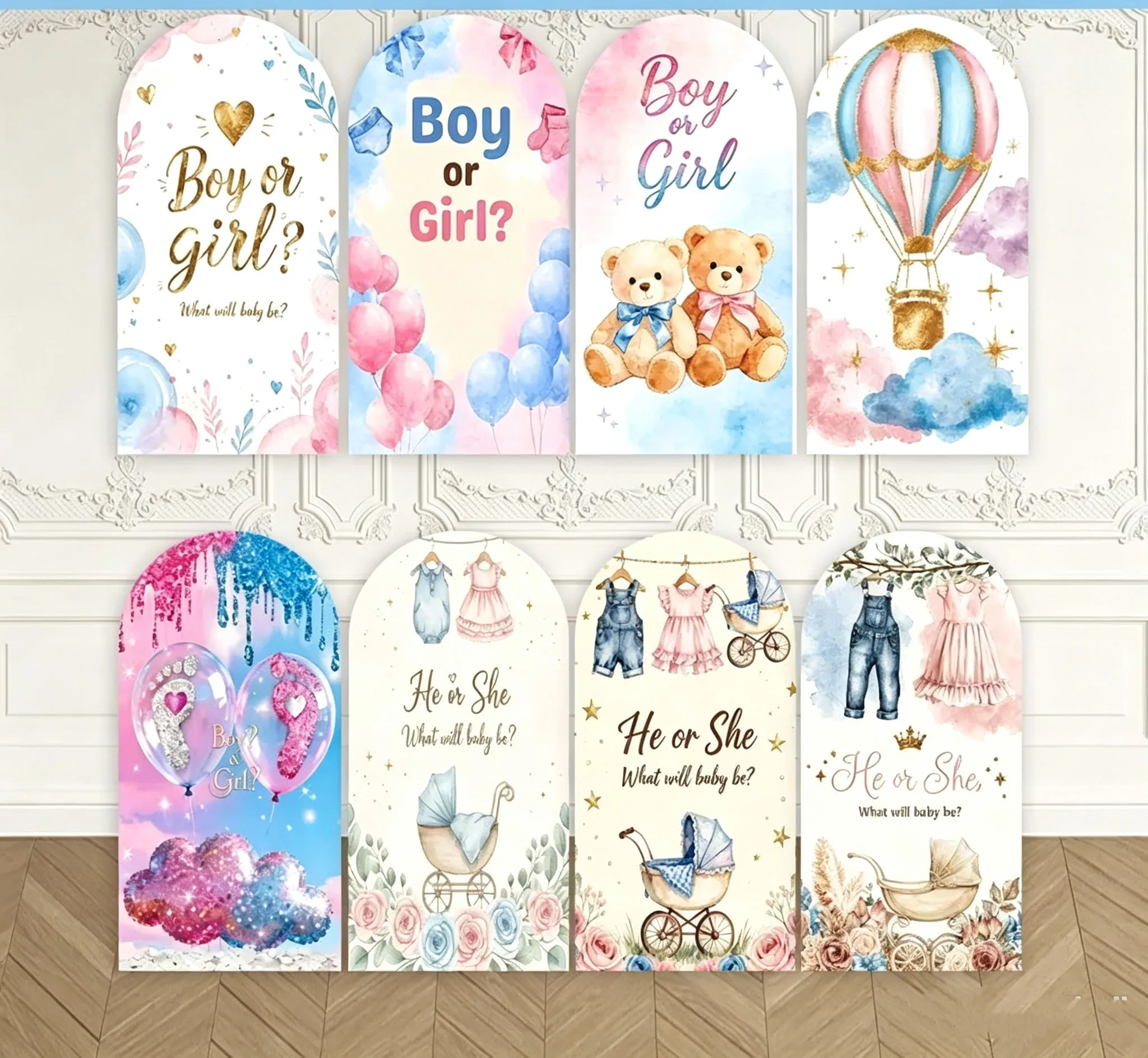 Custom Double-Sided Boy or Girl Gender Reveal Baby Shower Arch Backdrop Cover Pink and Blue What Will Baby Be Party Photography