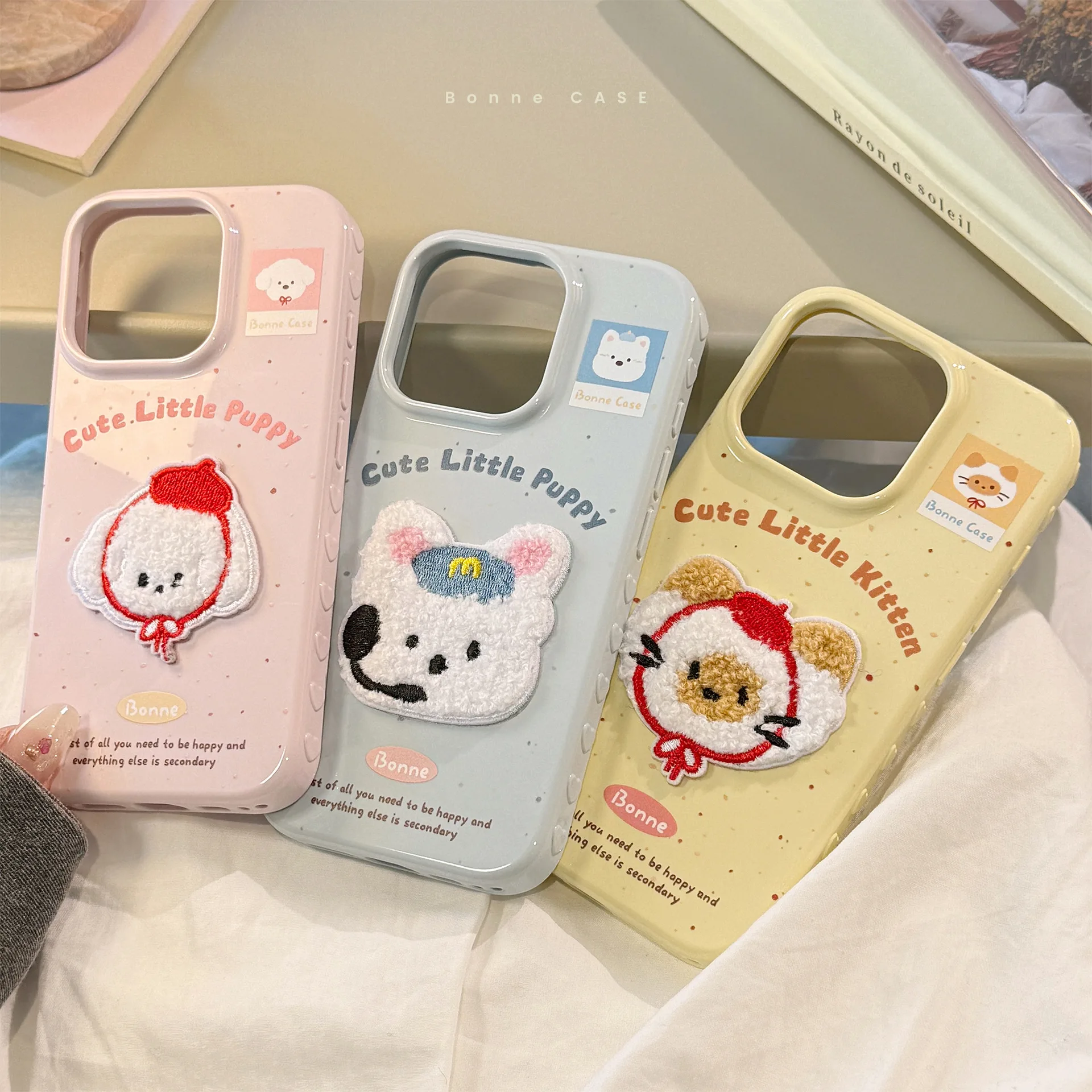 Cute Cartoon 3D Plush Embroidered Puppy Kitten Soft Phone Case For iPhone 16 15 14 13 12 Pro Max Anti-fall Protective Cover