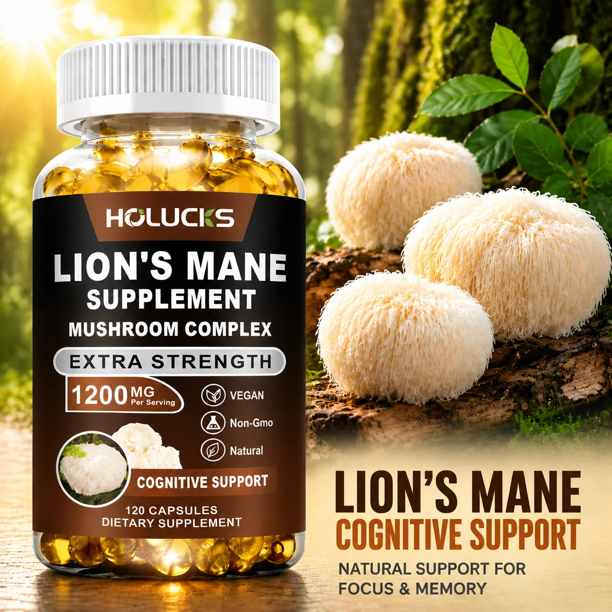 Premium Lion's Mane Mushroom Extract Supplement, for Anxiety & Depression, Calm Focus & Wellbeing, Energy & Stress, Non-GMO