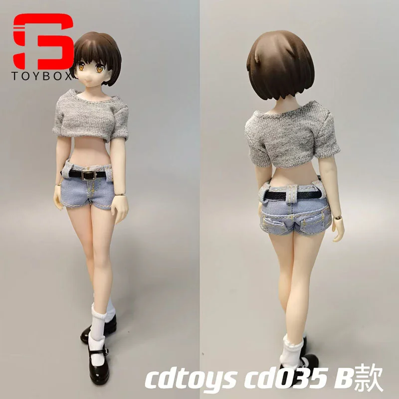 Cdtoys-conjunto de jeans curtos e sapatos de couro para mulheres, modelo do corpo cd035, 1/12, modelo do corpo, curto, jeans, jeans, botas, 1/12