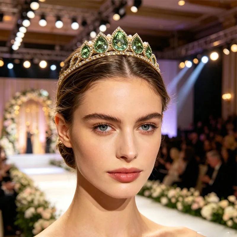 New Green Water Drop Rhinestone Crystal Crown Headpiece Women Bridal Hair Accessories Wedding Tiara Bride Hair Jewelry
