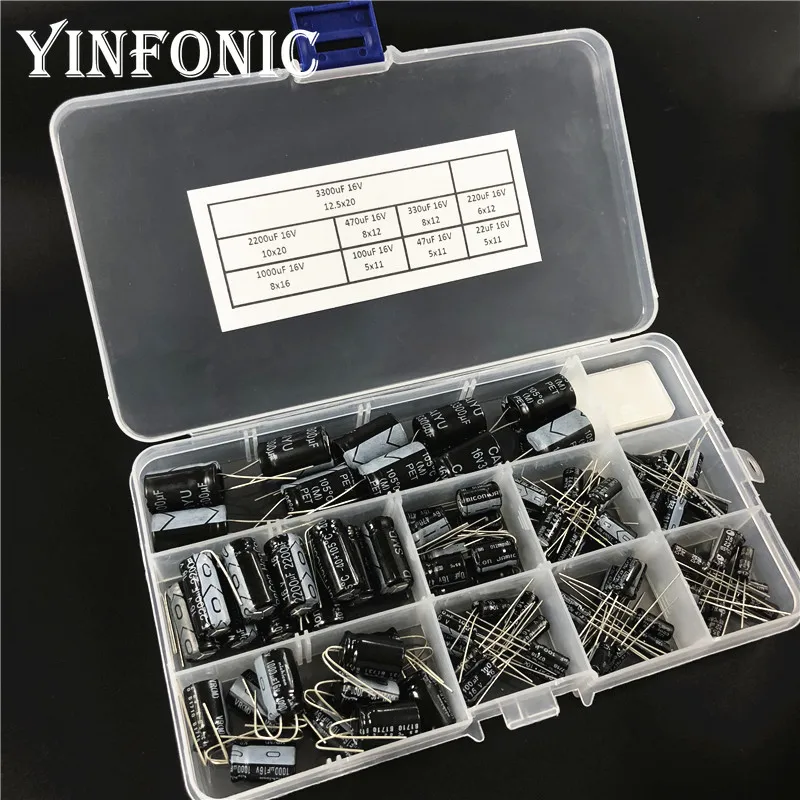 

9values*10Pcs 90pcs Mix Electrolytic Capacitor Kit with Storage Box 16V 22uF 47uF 100uF 220uF 330uF 470uF 1000uF 2200uF 3300uF