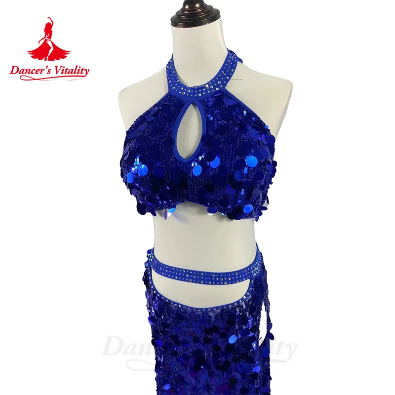 Traje personalizado de dança do ventre para mulheres, grande parte superior de lantejoulas, saia longa dividida, tamanho personalizado, adulto, criança, oriental, conjunto profissional, 2 peças