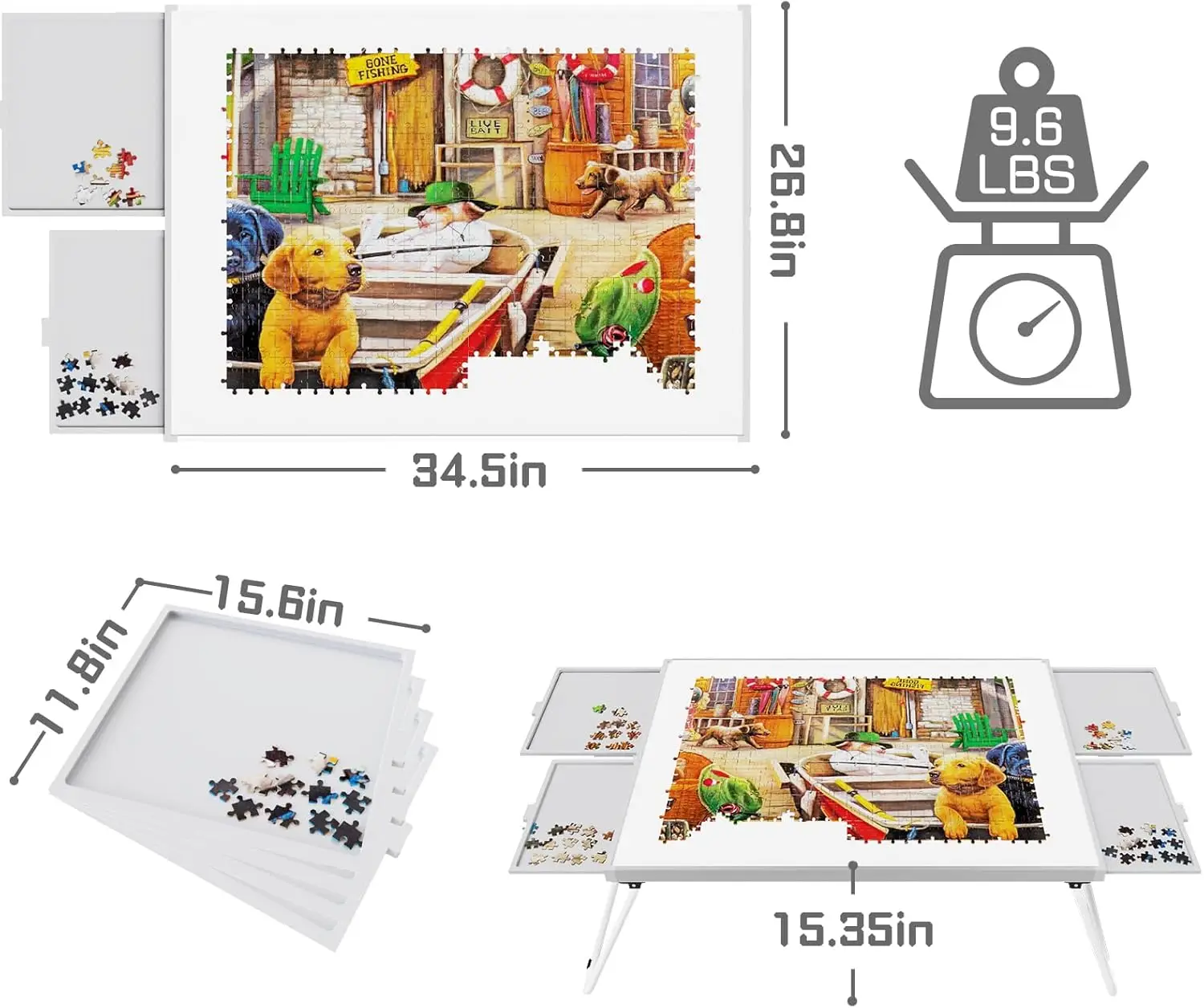 Puzzeltafel 1500-delig, puzzeltafel van metaal met laden, puzzelbord met poten, grijze en witte kleur, puzzeltafels voor advertentie