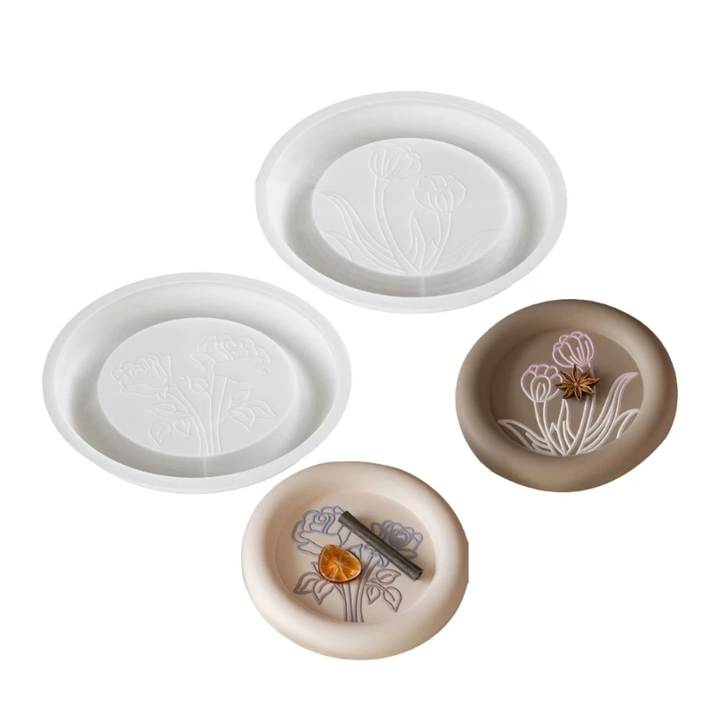 

652F Round Silicone Mold Tray Nonstick Resin Crafting Moulds Flower Pattern Plate Moulds Home Decors Molds Silicone Texture