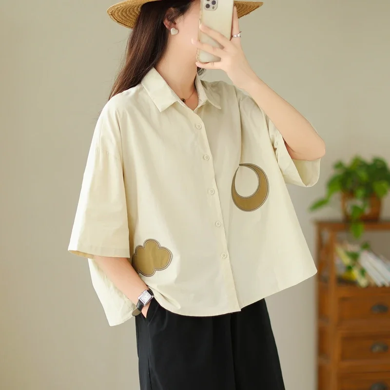 Women Linen Cotton Cloud Moon Patchwork Short Sleeve Shirt Summer Loose Casual Blouse