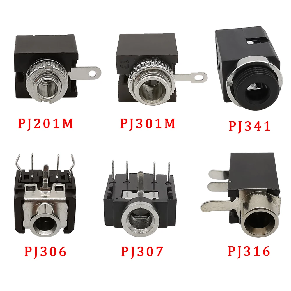 10Pcs PJ Series Headphone Jack 3.5mm 2.5mm Stereo Female Socket Audio PCB Mount Connector PJ-316 PJ307 PJ392A Interface Adapter