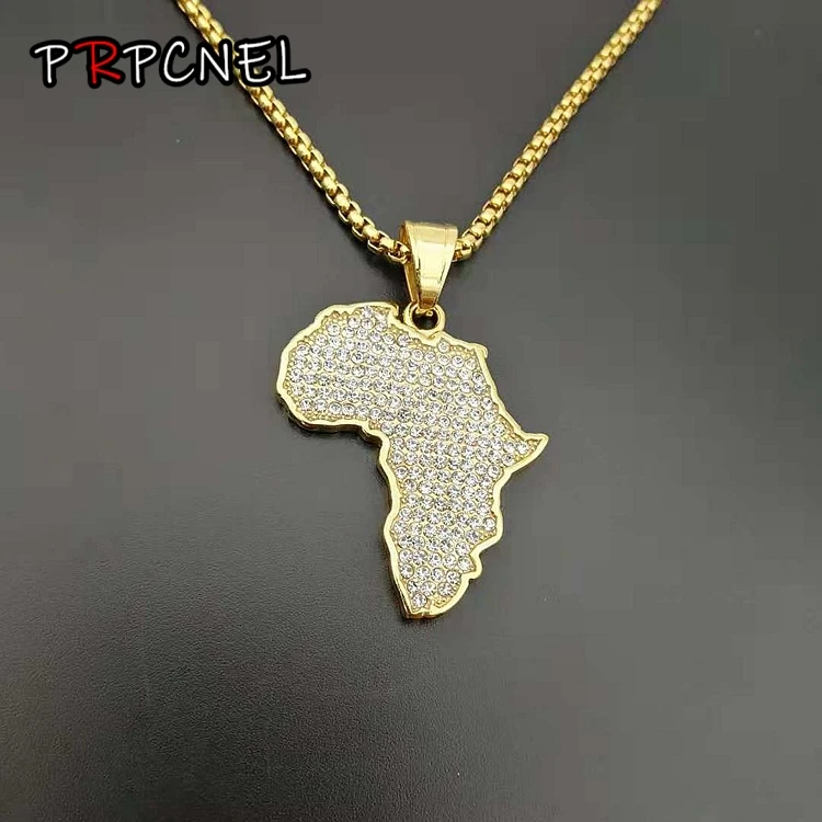 

Hip Hop Africa Map Pendant Necklace Bling Rhinestone Gold Color Chain For Men/Women Gift African Jewelry Wholesale