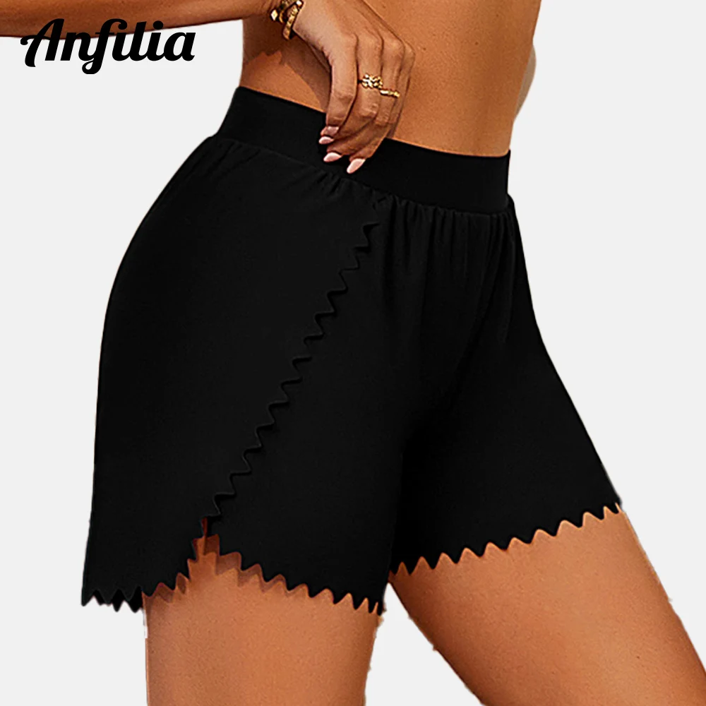 

Anfilia Women Swimming Shorts High Elastic Wide Waistband 2 in 1 Side Split Zigzag Design Built-in Shorts Bikini Tankini Bottom