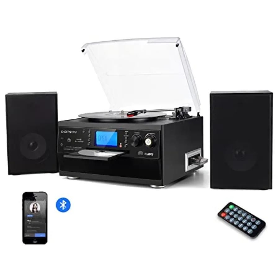 Bluetooth Record Player Turntable with Stereo Speaker, LP Vinyl to MP3 Converter with CD, Cassette, Radio, Aux in and USB/SD En