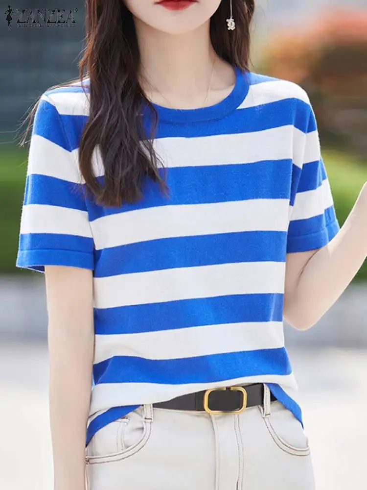 ZANZEA Summer Striped Blouse Women O Neck Short Sleeve Casual Shirt Female Holiday Blusas Chemise Elegant OL Work Tops Oversize