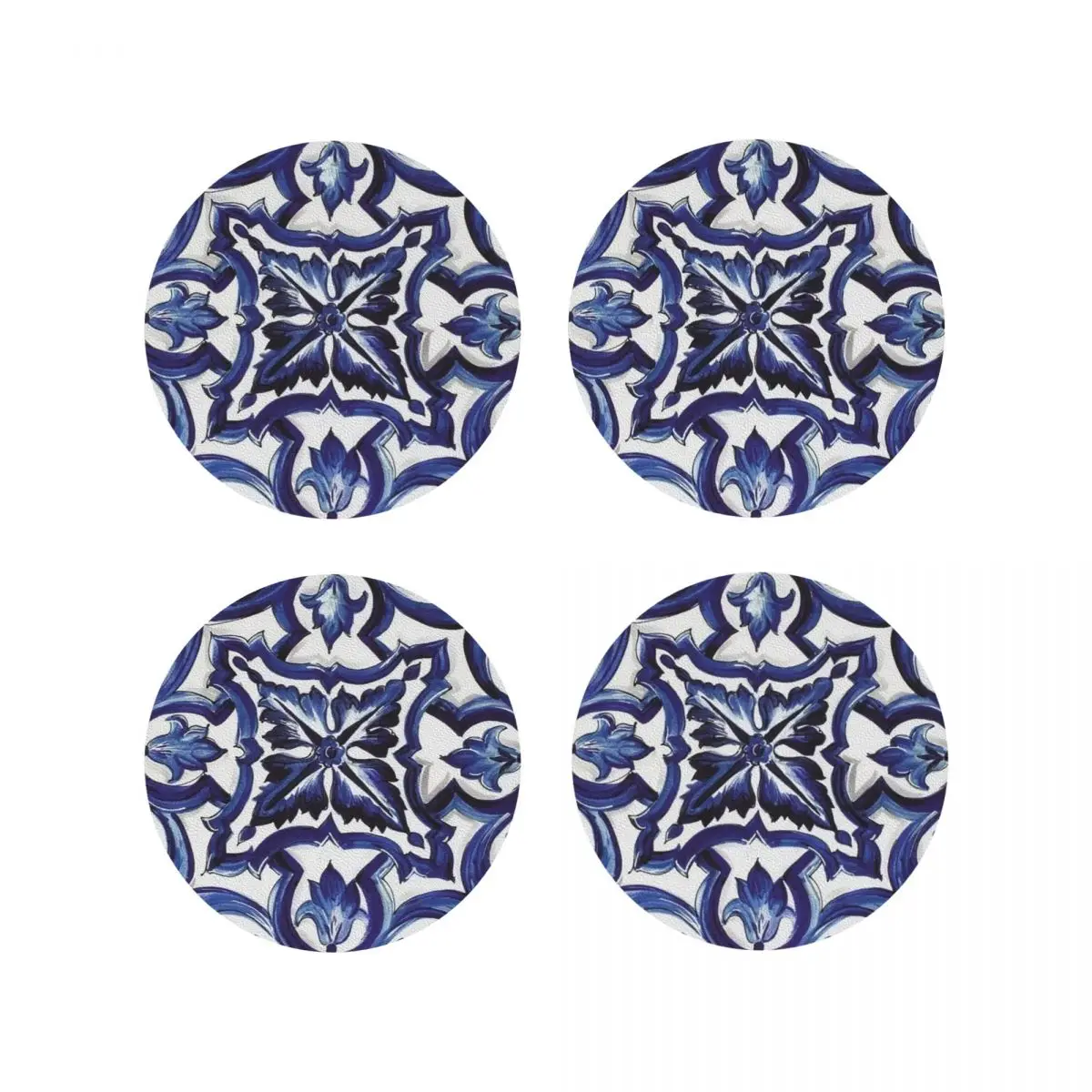 Blue Ornate Floral Mediterranean Sicilian Tile Coasters Kitchen Placemats Insulation Cup Coffee Mats For Decor Home Set of 4