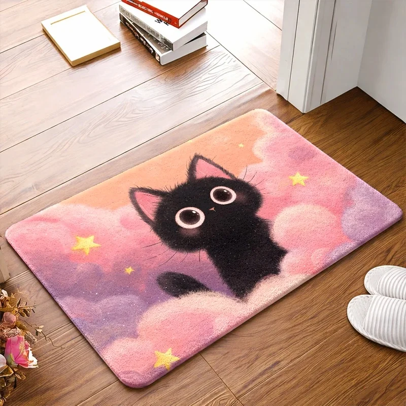 1pc, Cute Cartoon Black Cat Stars Clouds Floor Mat, Polyester Non-Slip Rubber Bottom Doormat, And Machine Washable Foot Mat, U