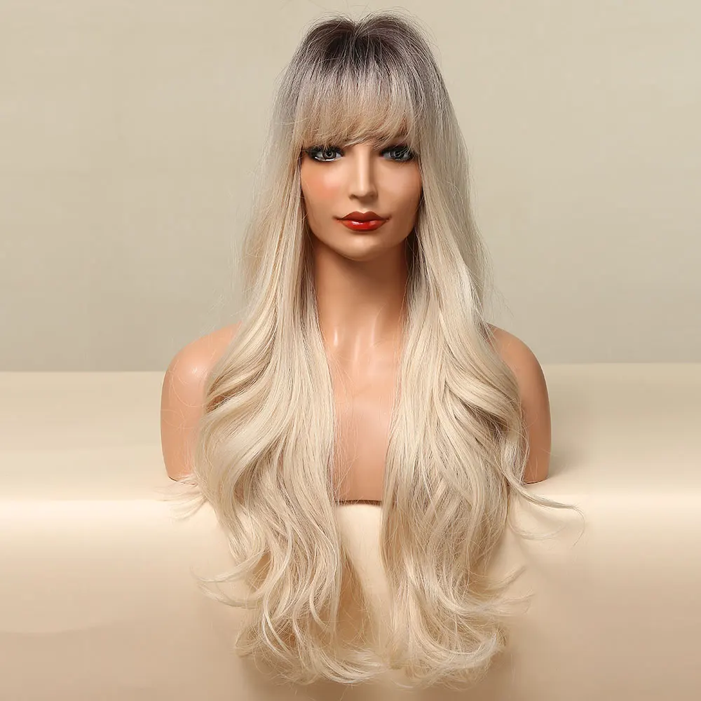 ALAN EATON Blonde Long Wavy Synthetic Wigs Ombre Hair Wig with Bangs Soft Natural Realistic Wig Heat Resistant Daily Fiber Wig