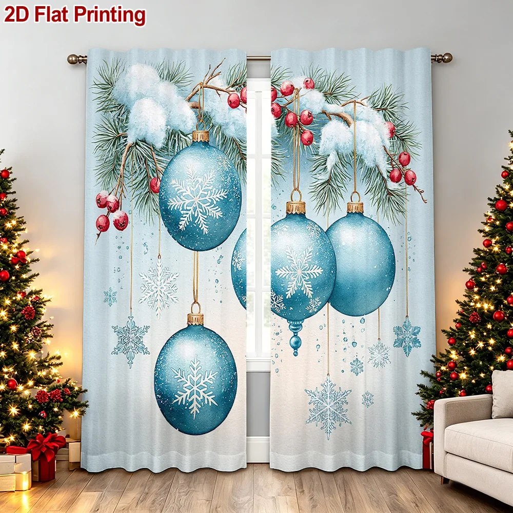 Blue Christmas Ornament Curtain Holiday Window Dressing Festive Winter Scene Curtain for Home Decor