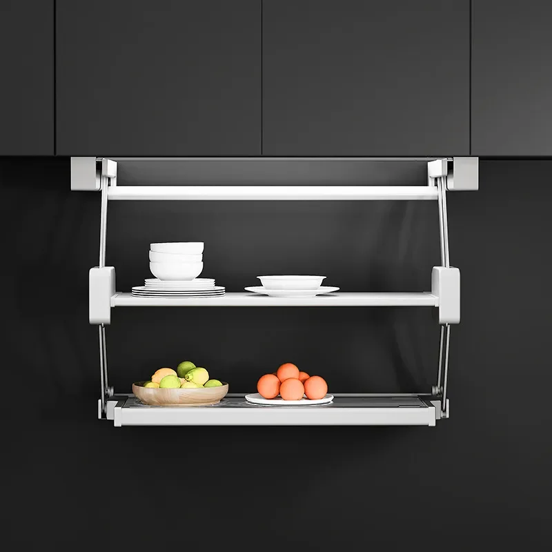 Wall cabinet pull-down rack double-layer folding telescopic preparation artifact dishes condiments storage rack pull basket