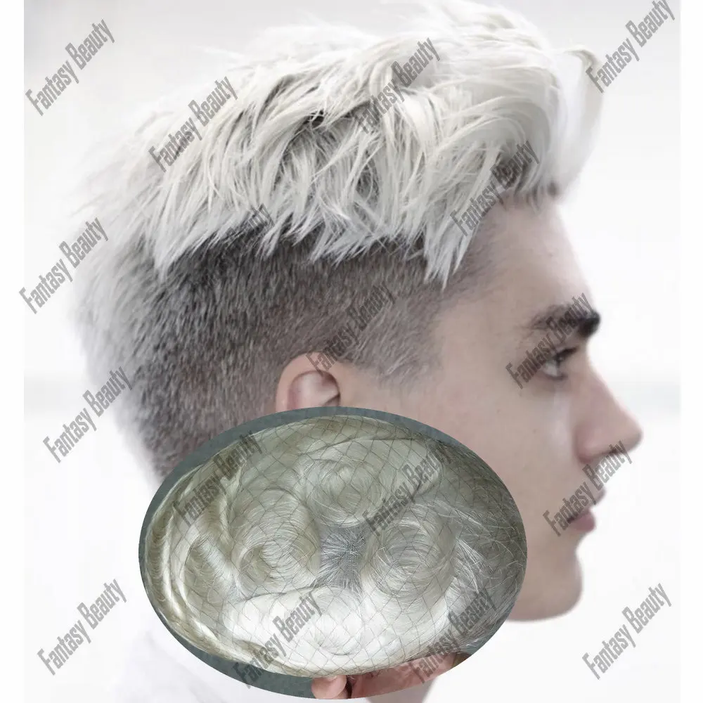 1 b60r # colore bianco pelle sottile uomo parrucchino 100% parrucca di capelli umani Remy durevole 0.06-0.08mm sostituzione dell'unità di capelli da uomo in PU pieno