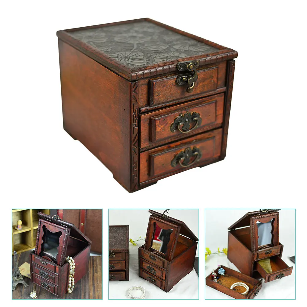 

Wood Jewelry Box Retro Style Exquisite Dressing Table Jewelry Organizer Case Necklace Earrings Storage Container with Mirror