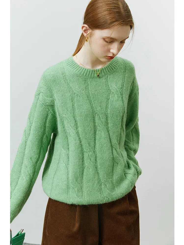 FSLE Round Neck Twisted Mohair Sweater For Women Autumn Winter 2022 New White Red Green Women Casual Solid Full Sleeve Sweater