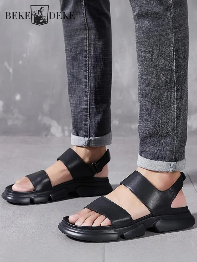 Leisure Men Cowhide Open Toe Platform Wearing Outside Gladiator Shoes Genuine Leather Breathable Hook Loop Beach Sandals