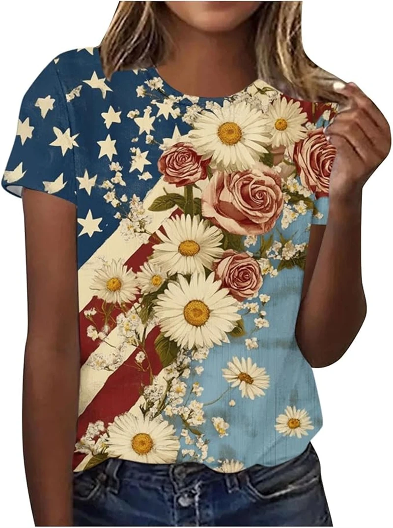 Camiseta Feminina 3D Estampada 250º Aniversário Americano - Blusa Estampada 250º Aniversário dos Estados Unidos - Camisetas Curtas de Verão