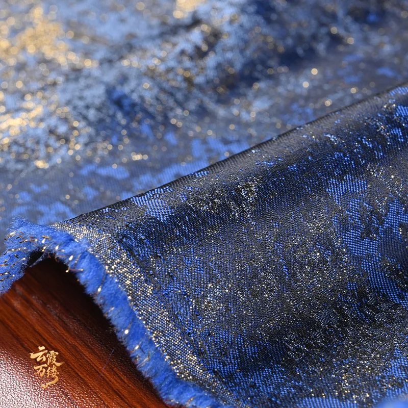 Retro Blue Gilded Gradient Textured Fabric, Fine Weave Gold Foil Cloth for Chinese Style Qipao Hanfu, Designer & Home Textile view 2