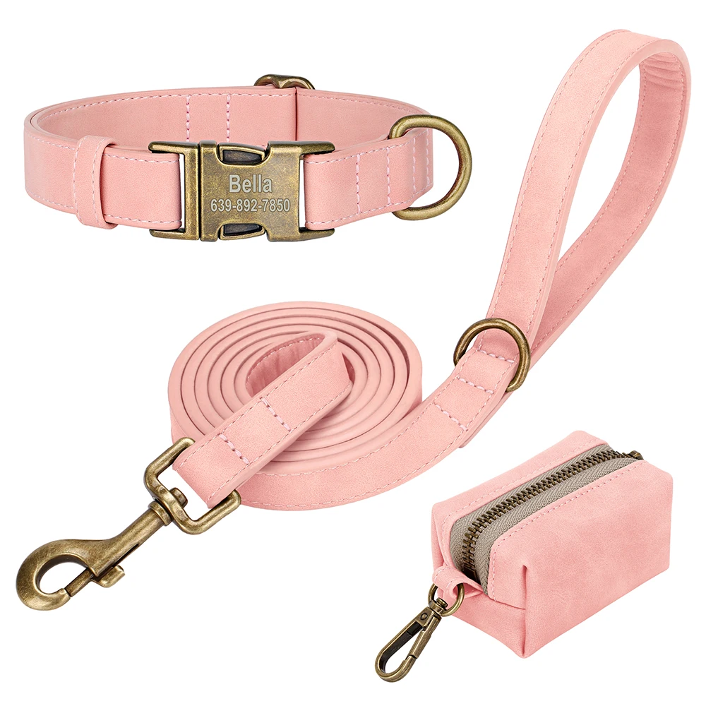 Set personalizzato di collare e guinzaglio per cani, in pelle PU, con fibbia vintage, collana e sacchetto per escrementi per cani e carlini._voghion.com