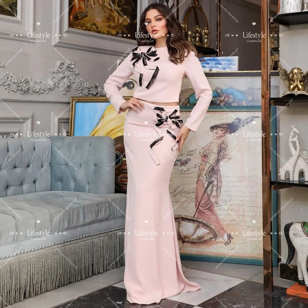 

Customized Pink Long Sleeves Evening Dress with Lace Bow Mermaid Prom Gown 2 piece Special Occasion Party Dresses