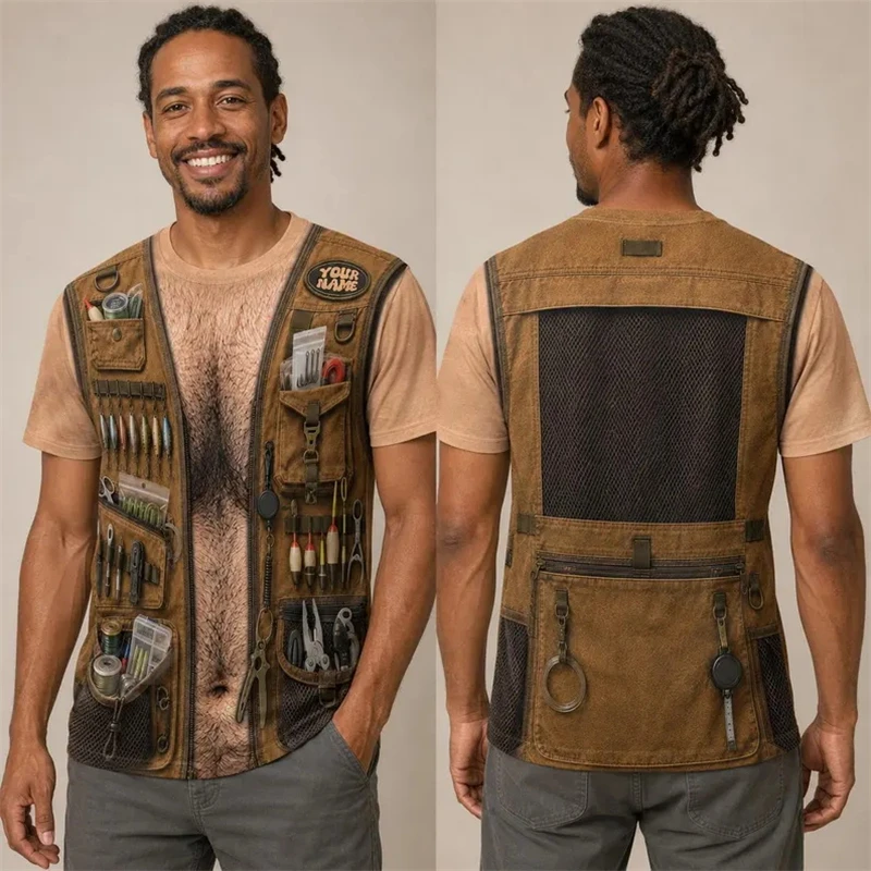 Novelty Fisherman 3D Fake Vest T‑Shirt For Men Customizable Name Fishing Tackle Tools Print Casual Outdoor Costume Tops Tees