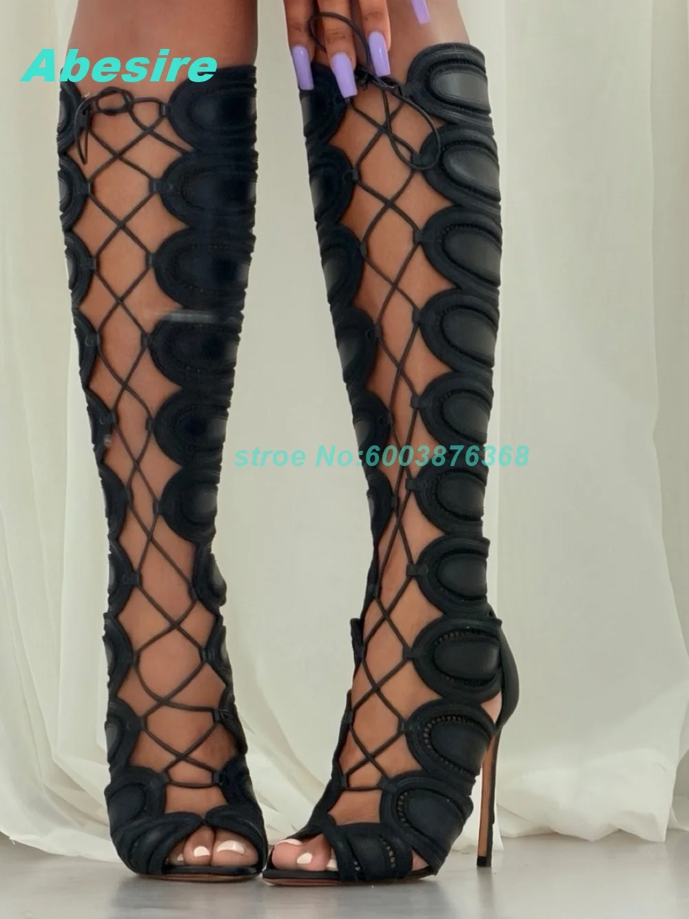 Sexy Black Cut Out Gladiator Knee High Sandals Women Lace Up Stiletto Heel Women's Boots Party Evening Fashion Show Shoes