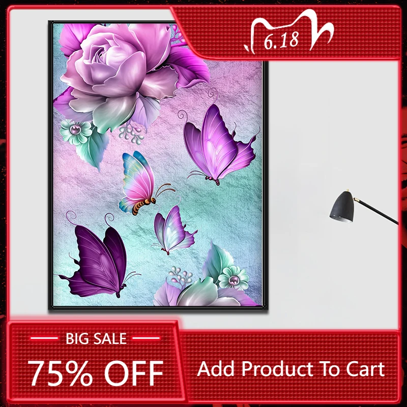 Purple Butterfly Flowers Diamond Painting 5D Diy Round Full Drill Diamond Art Cross Stitch Kits for Home Leisure and Wall Decor