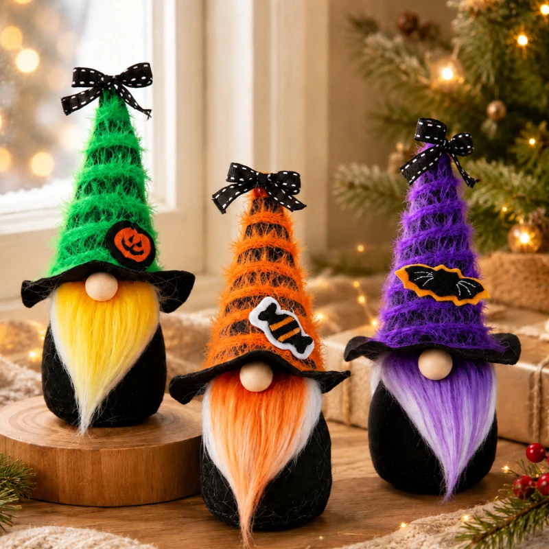1PC halloween home decor ornament, festive gnome decoration, halloween striped pointed hat bow dwarf tabletop cabinet decoration