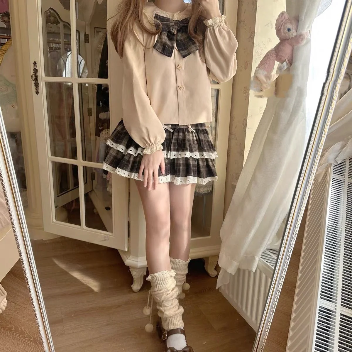 Y2K Harajuku spicy girl Maillard style A-line fluffy bow skirt Autumn and winter new college style coffee plaid cake skirt