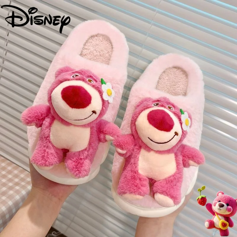 

Хлопковые тапочки Disney Cute Cartoon Lotso для женщин, осенние и зимние домашние теплые толстые тапочки с закрытым носком, стиль без шнуровки