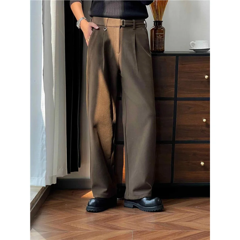 

Мужские шерстяные повседневные брюки с высокой талией, двойными складками, кофейного цвета, свободного прямого кроя, длинные, осенне-зимние, новые, для бизнеса