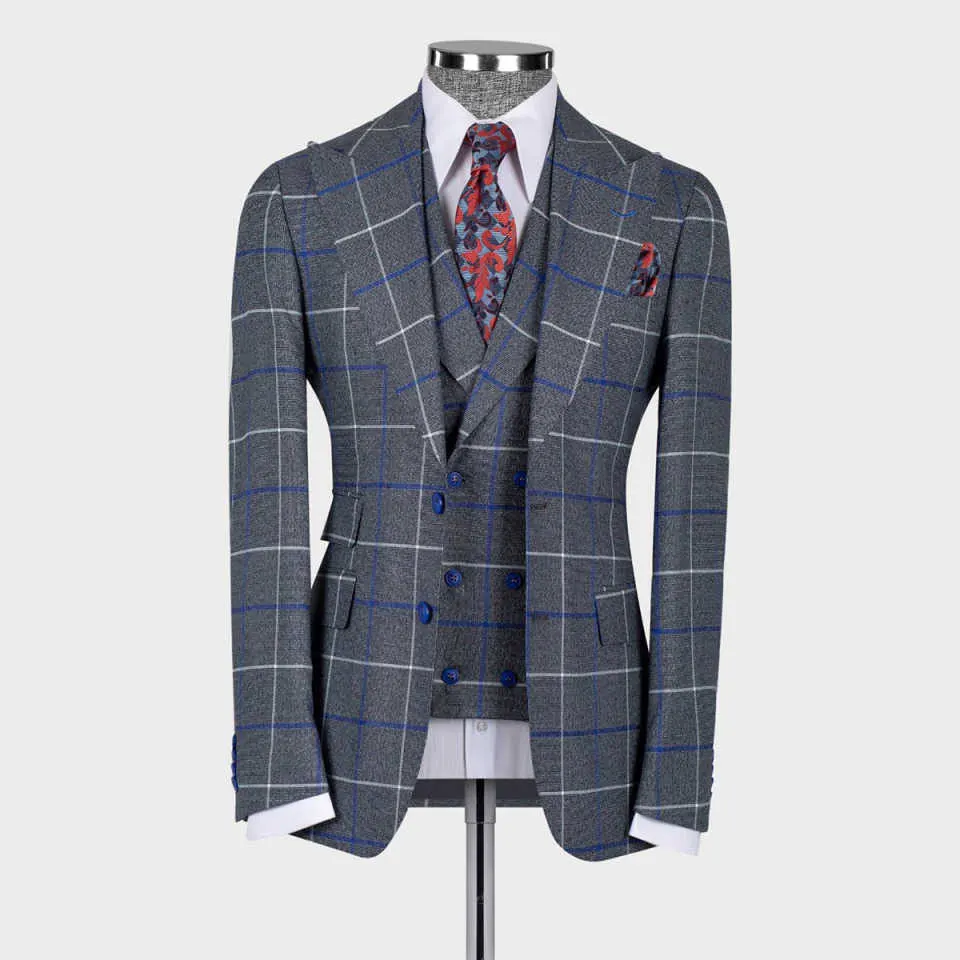 Plaid Wedding Men Suit Business Wear Tailor-Made Shine Neck Tuxedo 3 Pcs Coat Vest Pants Party Singer Groom Suits Customized