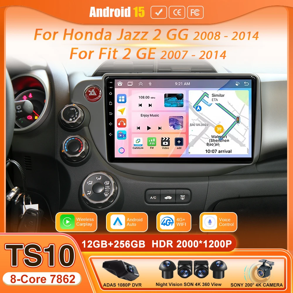 Автомагнитола Android 15 с мультимедиа и видеоплеером для Honda Jazz 2 GG 2008-2014, Fit 2 GE 2007-2014, навигация GPS, 2DIN, Bluetooth