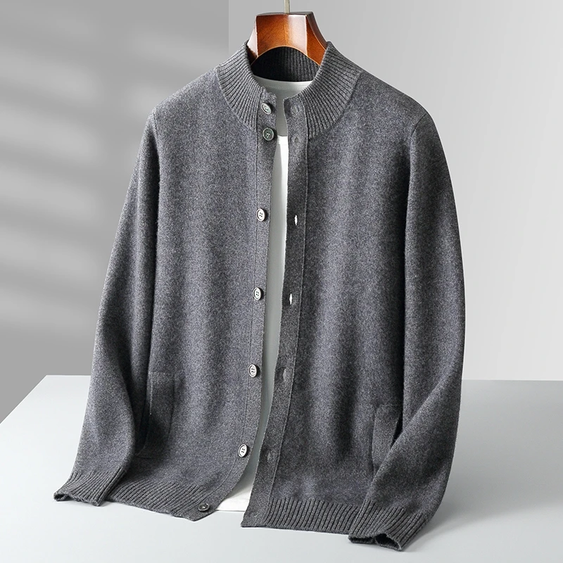 100% merino wool men\'s cardigan cashmere sweater autumn and winter new knitted coat solid color long sleeve high quality coat.