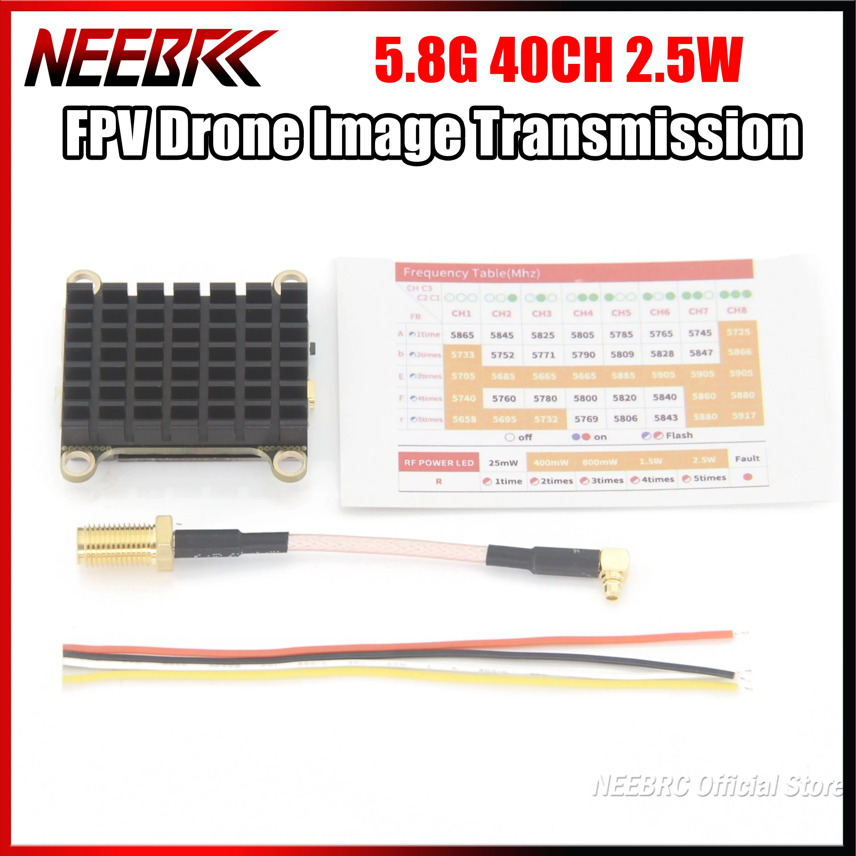 

NEEBRC 5.8G 40CH 2.5W Image Transmission 2500mW 10-36V VTX 0-25-400-800-1500-2500mW MMCX for RC Fixed Wing FPV Racing Drone Part