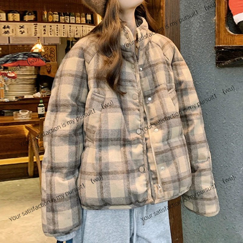 

2025 winter fashion women's plaid cotton short coat, new thick loose slim plaid fabric coat