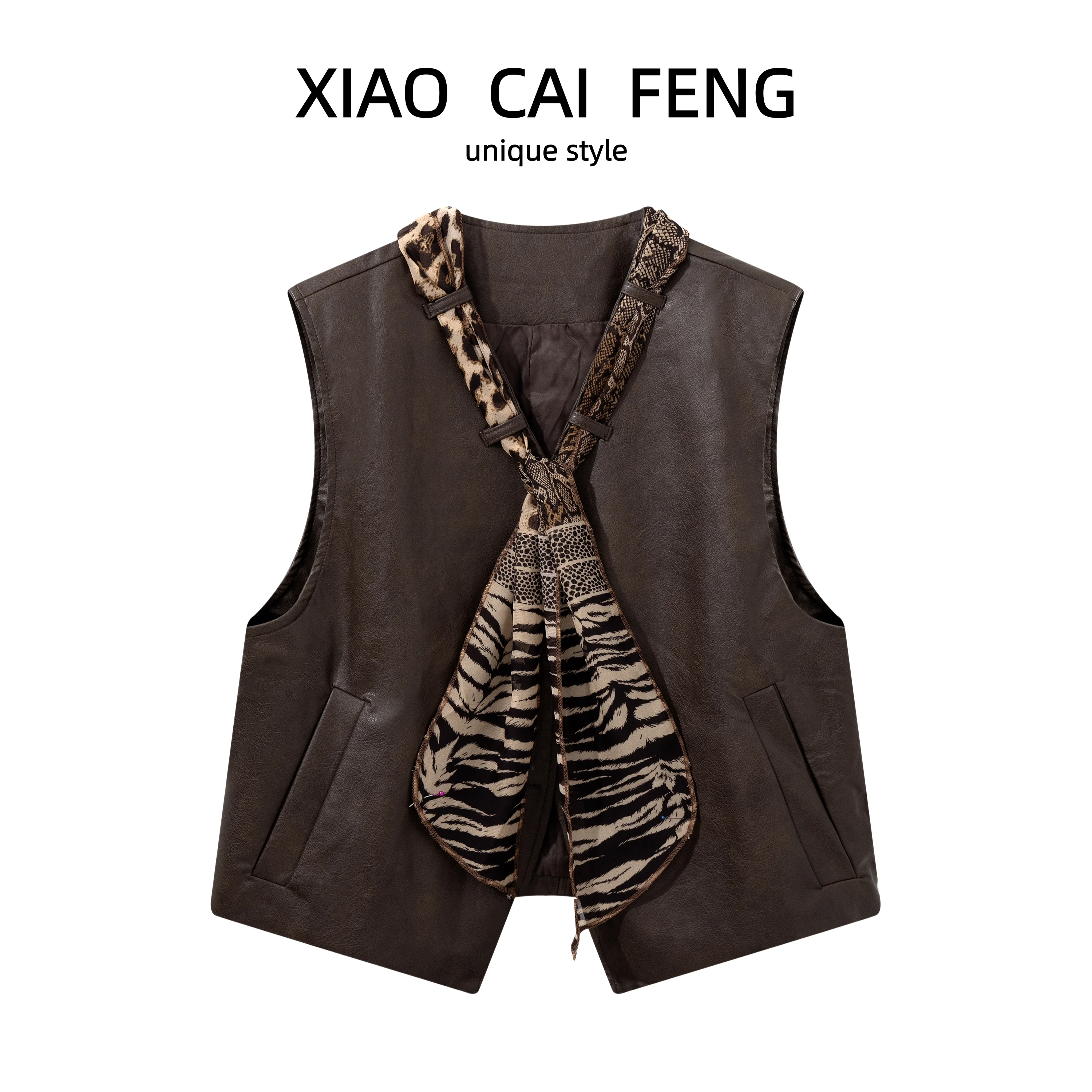 Retro American Style Women's V-neck Leopard Print Silk Scarf Jacket Sleeveless PU Leather Outerwear Shoulder Pad Top