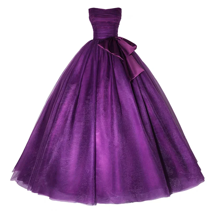 Grape Purple Pleat Strapless Evening Dress for Women vestidos de noche mujer Tulle Prom Party Gown vestidos para mujer with Bow