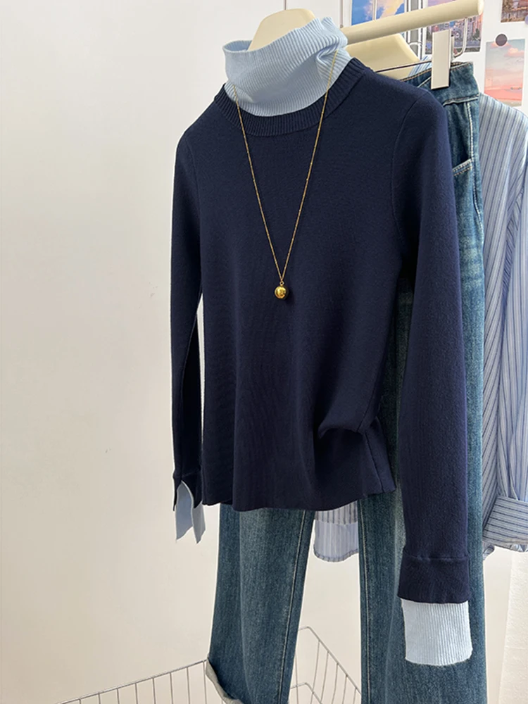 

Fake Two Piece Sweater Women Turtleneck Long Sleeve Knitted Tops Autumn Winter Casual Warm Female Pullover Sweater