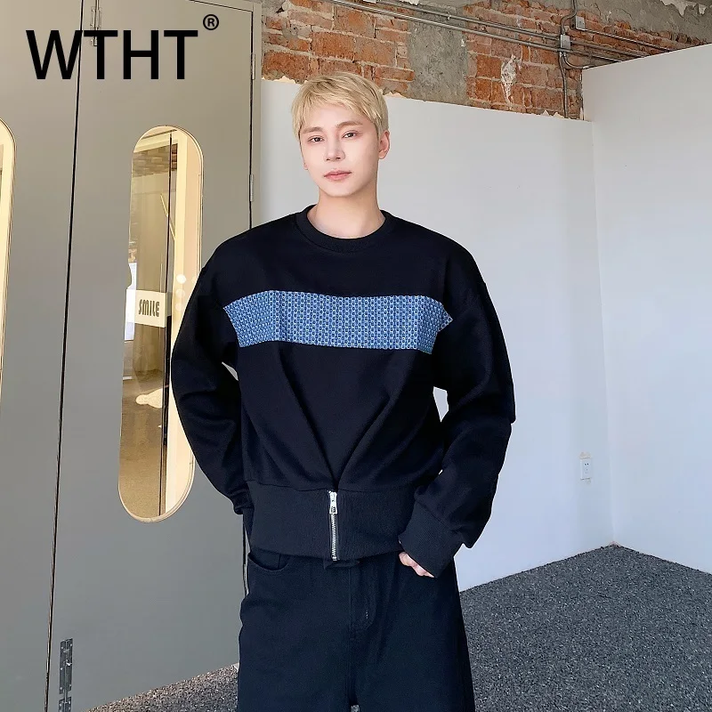 

WTHT модные осенние мужские лоскутные плиссированные футболки на молнии 2025 года, модные осенние топы с круглым вырезом и длинными рукавами 2024, мужские 2A1968