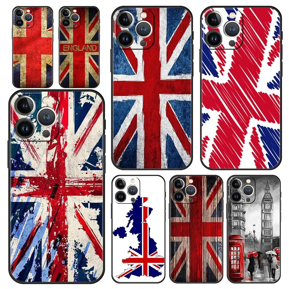 Luxury Phone Case For Apple iPhone 11 15 14 Pro MAX 12 13 7 8 Plus X XR XS MAX SE Silicone Black Cover Funda England UK flags