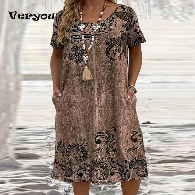 2024 Sukienki Plus Size Dla Kobiet Letnie Luźne O Szyja Vintage Nadrukowana Kieszeń Sukienka Midi Kobiety Casual Party Dress XL-6XL